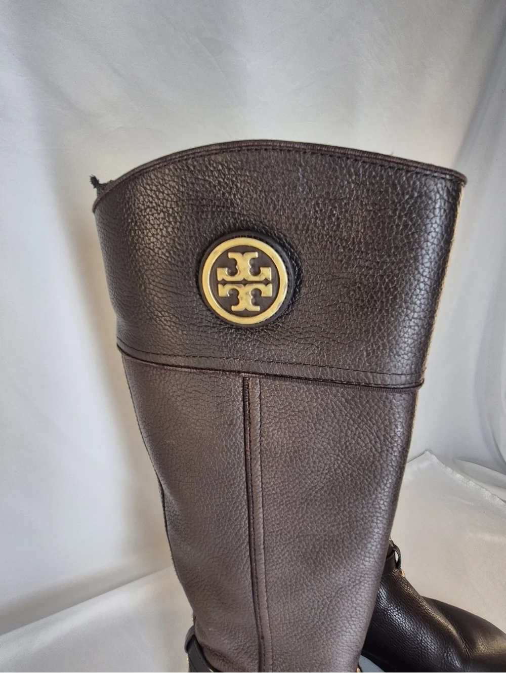 Tory Burch Teresa Women's 9M Riding Boots Brown Pebbled Leather Gold Ligo Buckle